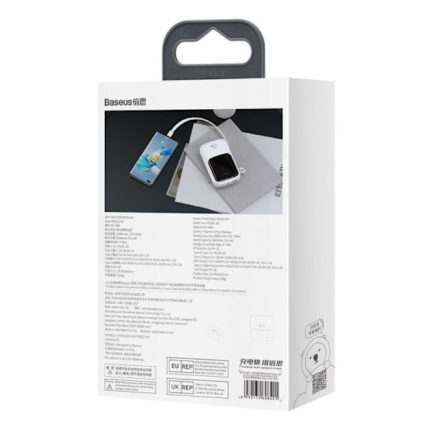 Baseus Qpow Digital Display Powerbank med hurtiglading 10000mAh 22,5W QC/PD/SCP/FCP med innebygd USB-C-kabel hvit