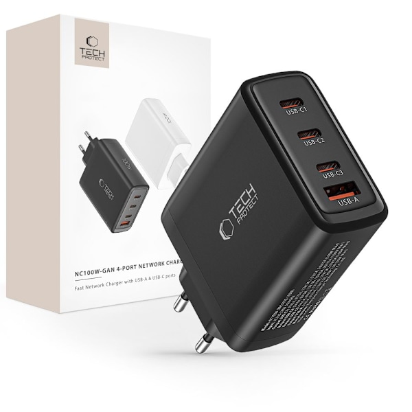 TECH-PROTECT NC100W-GAN 4-PORTS NETVÆRKSOPLADER PD100W/QC3.0 SORT