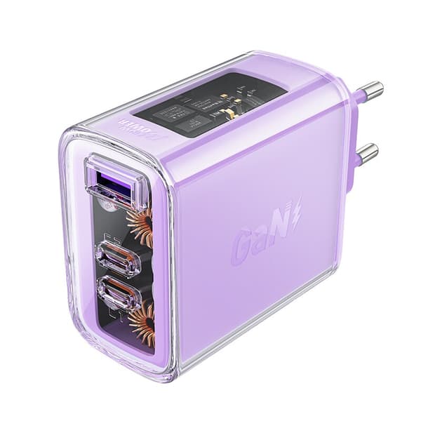 Acefast GaN-lader 65W 3 porter (1xUSB, 2xUSB C) lilla (A45)