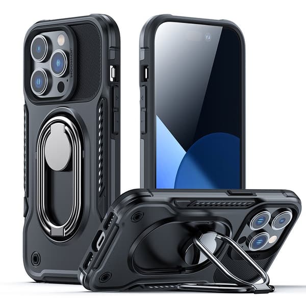 Joyroom Dual Hinge iPhone 14-deksel, pansret deksel med stativ, ringholder, sort