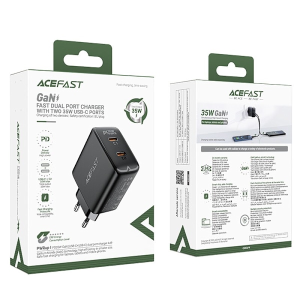 GaN 35W PD 2x USB C Acefast A49 hurtiglader - svart