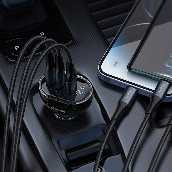 MCDODO KRAFTFULL SNABBLADDARE FÖR BIL MED MÄTARE 3XUSB USB-C 128W LED
