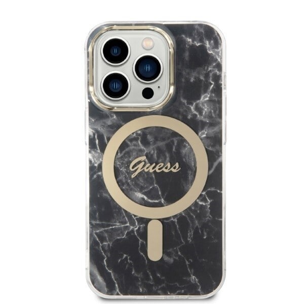 Guess sett MagSafe lader + etui iPhone 14 Pro 6.1 svart marmor (GUBPP14LHMEACSK)