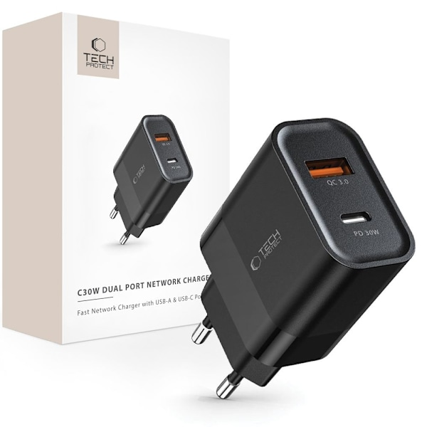 TECH-PROTECT C30W 2-PORTS NETVÆRKSOPLADER PD30W/QC3.0 SORT