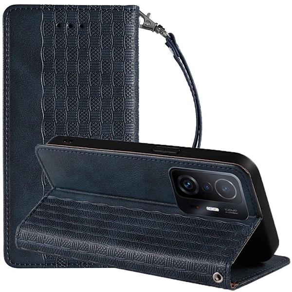 Magnet Strap Case Veske for Xiaomi Redmi Note 11 lommebokbeskyttelse + Mini Nøkkelbånd anheng blå