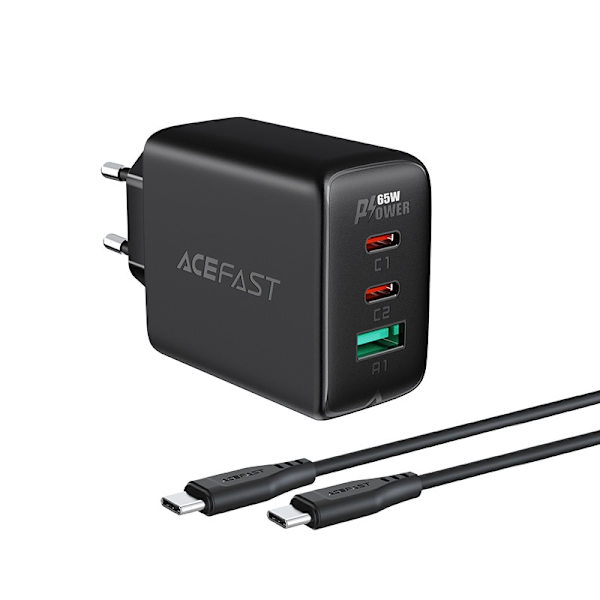 ACEFAST 2I 1 NETVÆRKSOPLADER 2X USB C / USB 65W, PD, QC 3.0+SORT KABEL