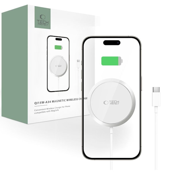 TECH-PROTECT QI15W-A34 MAGNETISK MAGSAFE TRÅDLØS OPLADER HVID