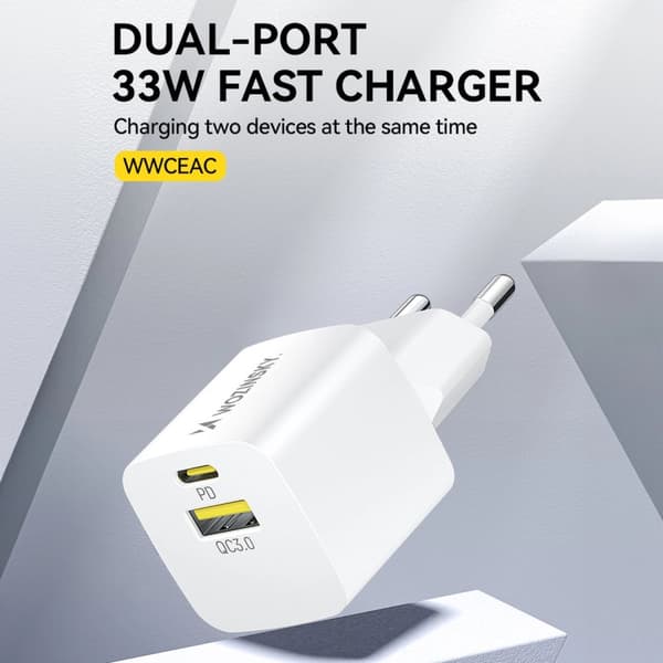 Wozinsky WWCEAC GaN USB-A USB-C 33W vegglader - hvit