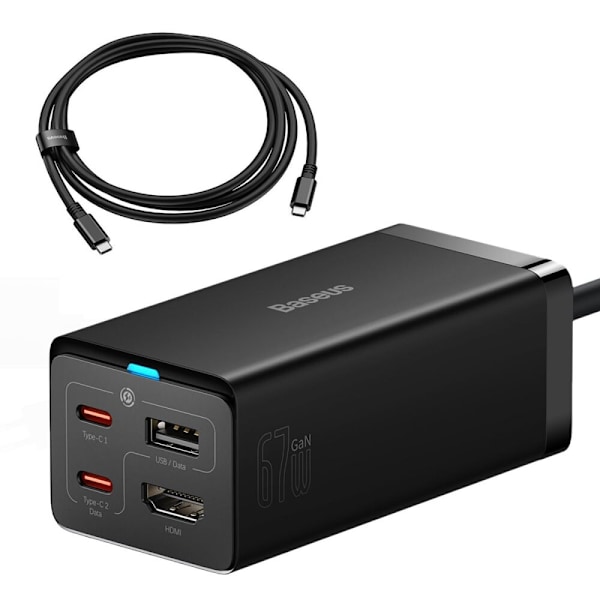 Baseus rask GaN5 Pro HUB HDMI-lader 2 x USB-C / USB-A / HDMI 4K 30Hz 1,5m svart + USB-C - USB-C 100W 40Gb/s (USB4) kabel 1m (CCGP110201)