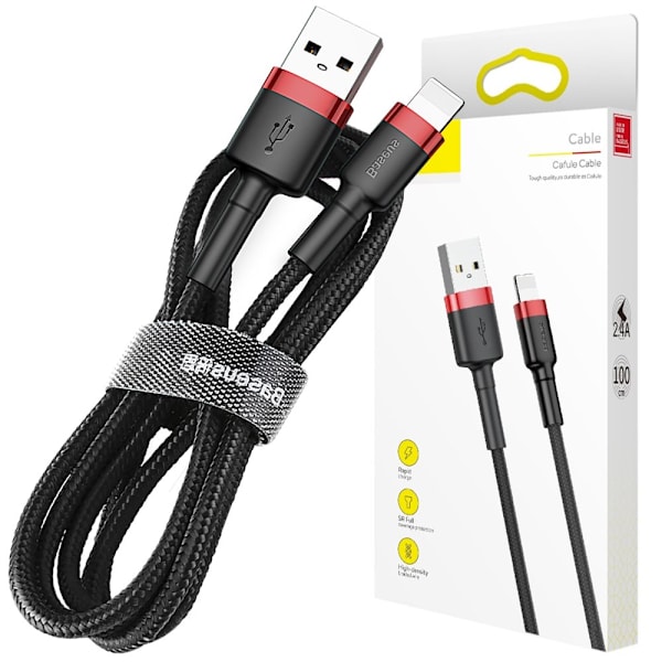 Baseus Cafule-kabel slitesterk nylonkabel USB / Lightning QC3.0 2.4A 1M svart-rød (CALKLF-B19)