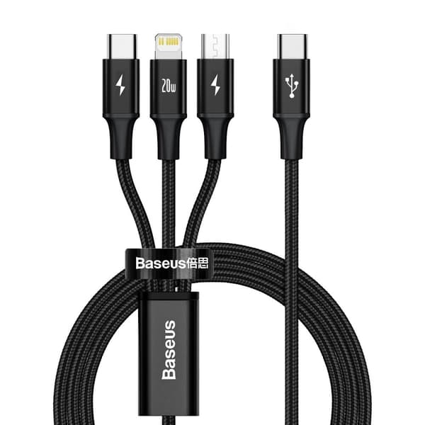 Baseus Rapid Series 3in1 USB-C - USB-C / Lightning / micro USB-kabel 20W PD 1,5m - svart