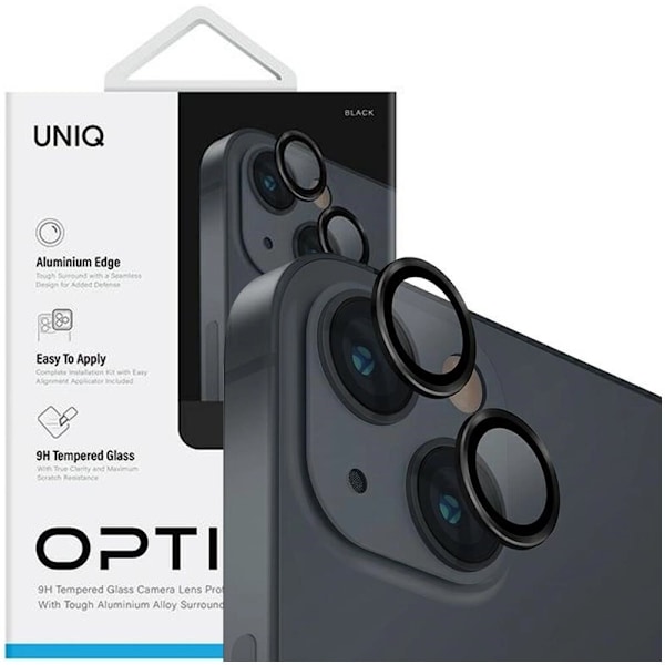 UNIQ Optix glass aluminium kameralinsebeskytter for iPhone 14/14 Plus kameralinse med applikator - svart