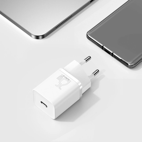 BASEUS HURTIG USB-C NETVÆRKSOPLADER 25W 3A MED USB-C/USB-C KABEL 1M HVID