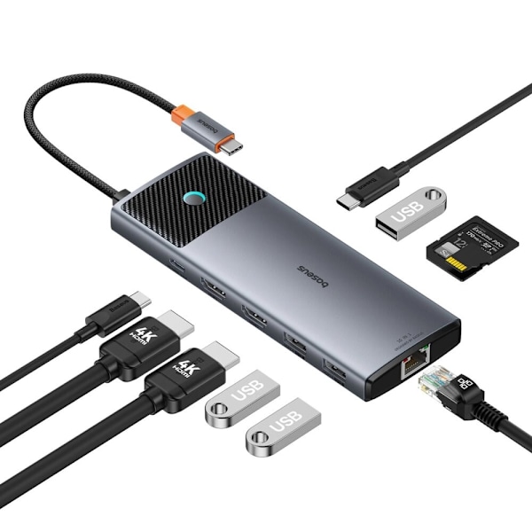 HUB 10in1 Baseus Metal Gleam Series USB-C - HDMI 4K 120Hz / HDMI 4K 60Hz / USB-A 10Gb/s / 2xUSB-A 480Mb/s / USB-C 10Gb/s / RJ45 / SD / TF / USB-C