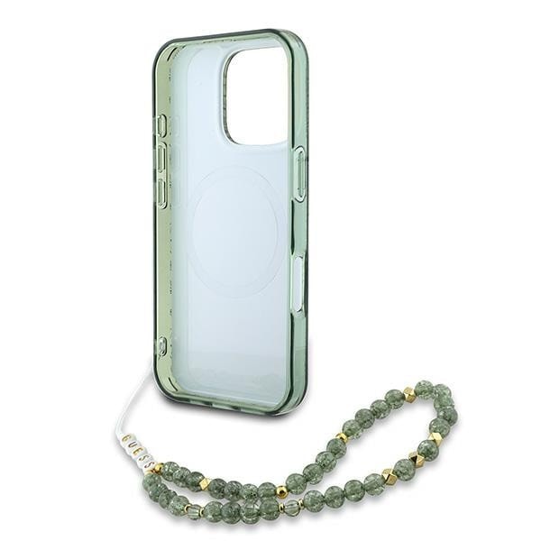 Guess GUHMP16LHCPOFPA iPhone 16 Pro 6.3" grönt/grönt hårt fodral IML Flowers Allover Electro With Pearl Strap MagSafe