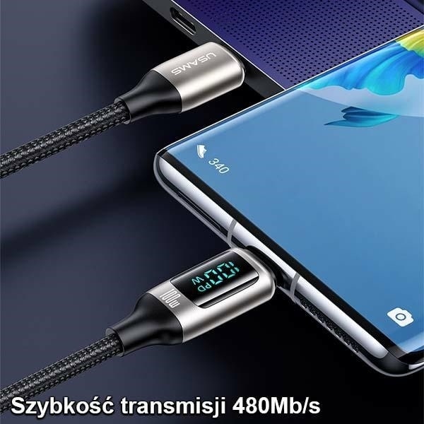 USAMS Flätad kabel U78 USB-C till USB-C LED 3m 100W Snabbladdning svart/svart SJ559USB01 (US-SJ559)