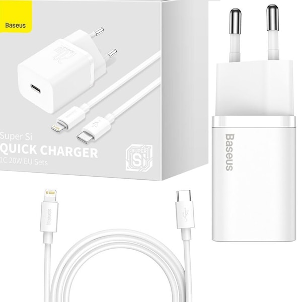 Baseus Super Si 1C rask USB Type C-lader 20W Strømforsyning + USB Type C - Lightning-kabel 1m hvit (TZCCSUP-B02) Vit