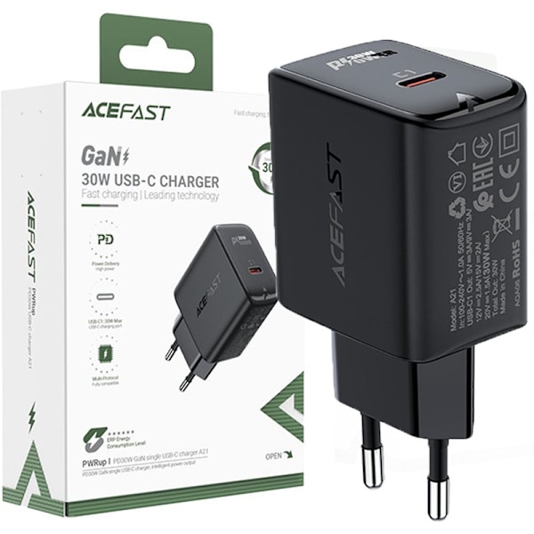 Acefast GaN USB Type C vegglader 30W, PD, QC 3.0, AFC, FCP svart (A21 svart)