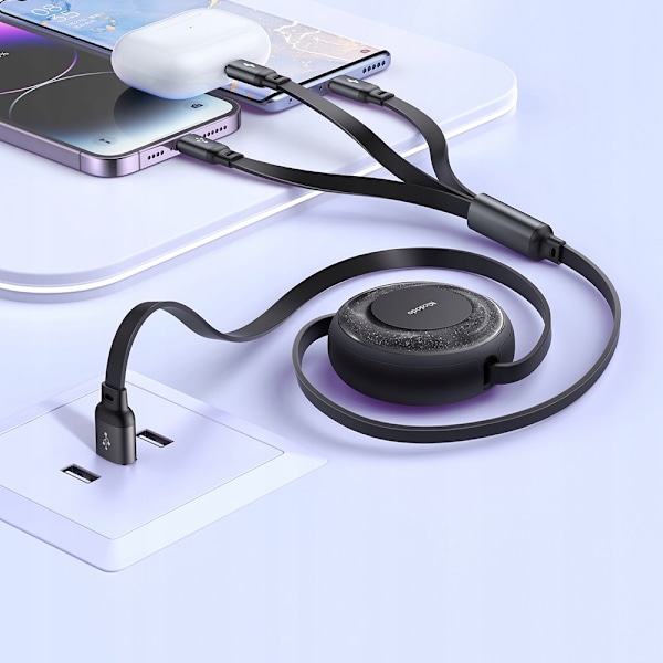 MCDODO USB-KABEL 3-I-1 REVELLAD USB-C LIGHTNING MICRO USB LIMINØS SVART