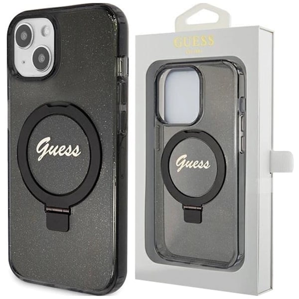Guess Ring Stand Script Glitter MagSafe beskyttelsesdeksel til iPhone 15 - svart