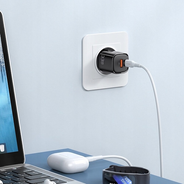 USB/USB-C lader, hurtig, nano, GaN 33W PD, blå McDodo