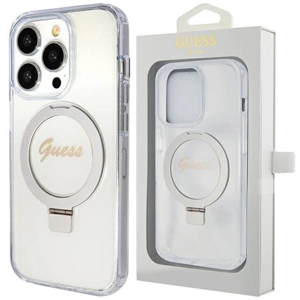 Guess Ring Stand Script Glitter MagSafe deksel til iPhone 15 Pro - gjennomsiktig