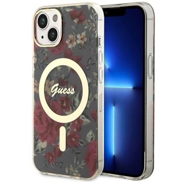 Guess GUHMP14SHCFWSA-deksel til iPhone 14 grønt/khaki hardt skall Flower MagSafe