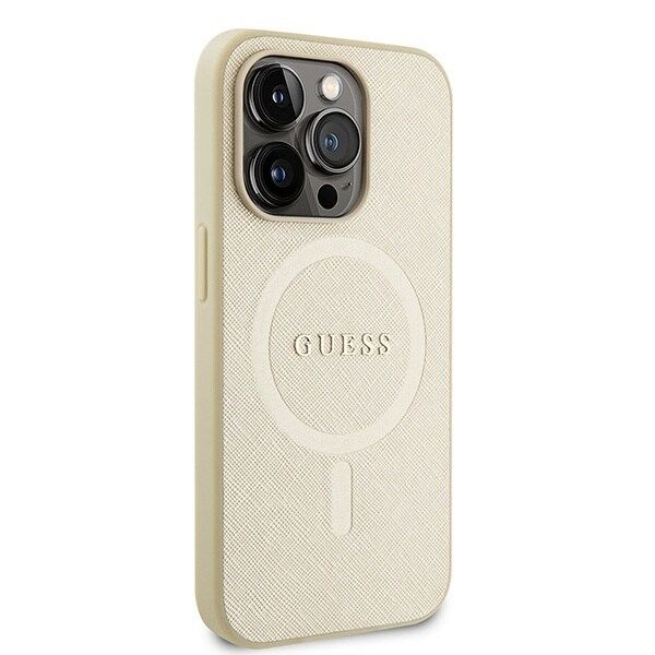 Guess GUHMP15LPSAHMCB iPhone 15 Pro 6.1 gull/gull hardt deksel Saffiano MagSafe