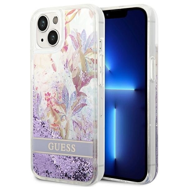 Gjett GUHCP14MLFLSU iPhone 14 Plus 6.7 lilla/lilla hardt deksel Flower Liquid Glitter