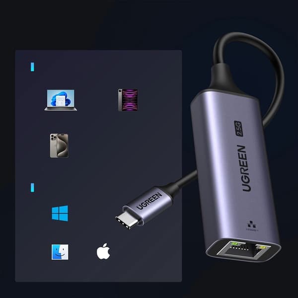 UGRØN ADAPTER USB-C TIL RJ45 ETHERNET 2,5G ADAPTER HOLDBAR GRÅ