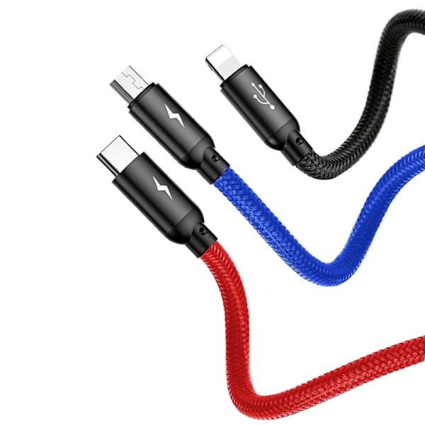 Baseus tre primærfarger 3-i-1 USB-A - mikro-USB / Lightning / USB-C 3,5A-kabel 0,3 m - svart