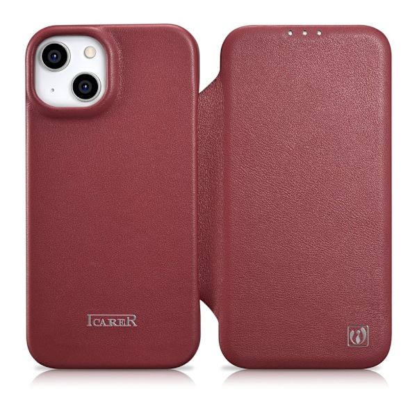 iCarer CE Premium skinnveske for iPhone 14 Plus skinndeksel med MagSafe rød magnet (WMI14220715-RD)