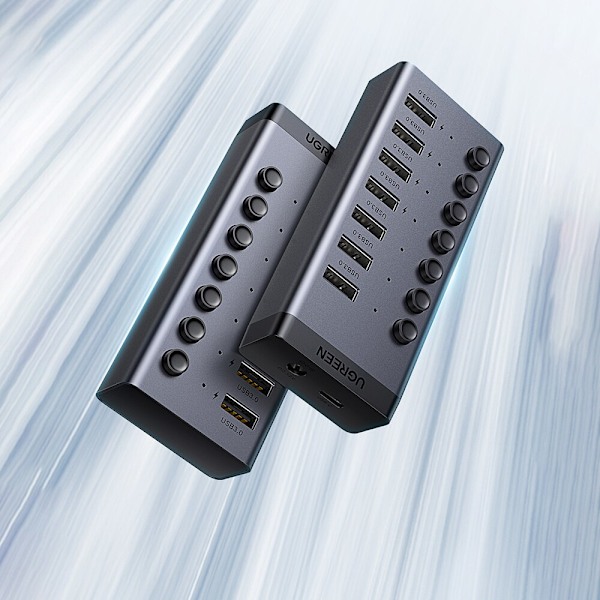 Ugrønn multifunksjonell HUB 7in1 USB Type C - 7x USB Type A 3.0 PD DC 12V grå (CM481)