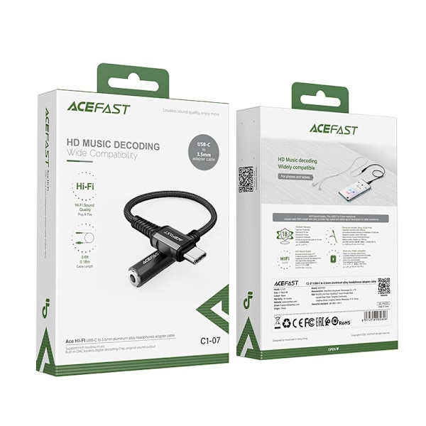 ACEFAST-KABEL STÆRKT LYDKABEL USB C-3,5MM MINI-JACK 18CM DAC AUX SORT