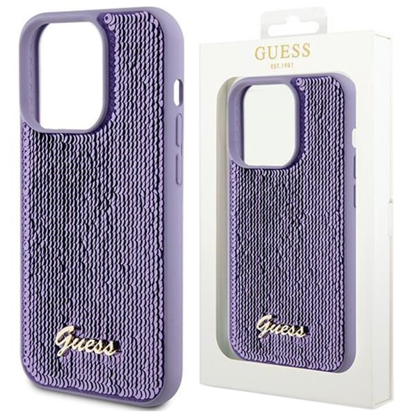 Guess Sequin Script metalldeksel til iPhone 15 - lilla
