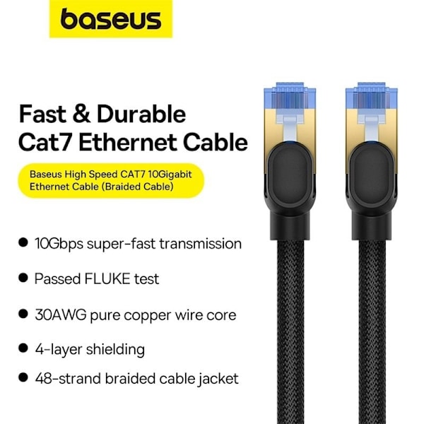 Baseus rask internettkabel RJ45 kat.7 10Gbps 8m flettet svart