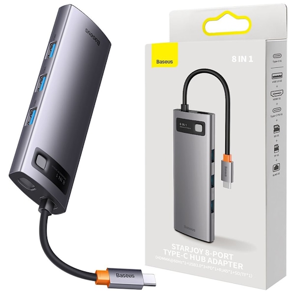 Baseus StarJoy HUB 8in1 USB Type C - 3x USB / HDMI / RJ45 (1 Gbps) / SD- og TF-kortleser / USB Type C PD grå (WKWG080113)
