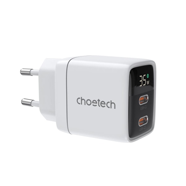 Choetech PD6051 2x USB-C PD 35W GaN vegglader med skjerm - hvit