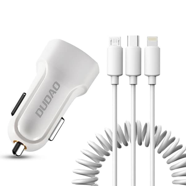 Dudao sett billader 2x USB 2.4A + kabel USB-kabel 3in1 Lightning / Type C / micro USB hvit (R7 hvit)