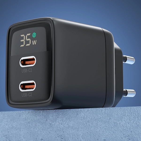 Choetech PD6051 USB-C USB-C PD 35W GaN vegglader med skjerm - svart