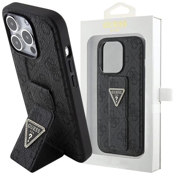 Guess Grip Stand 4G Triangle Strass-deksel til iPhone 15 Pro Max - Svart