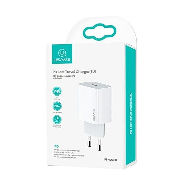 USAMS Lad. nätverk. 1xUSB-C T34 20W 5V-3A (endast huvud) PD3.0 Snabbladdning vit/vit CC118TC01 (US-CC118)