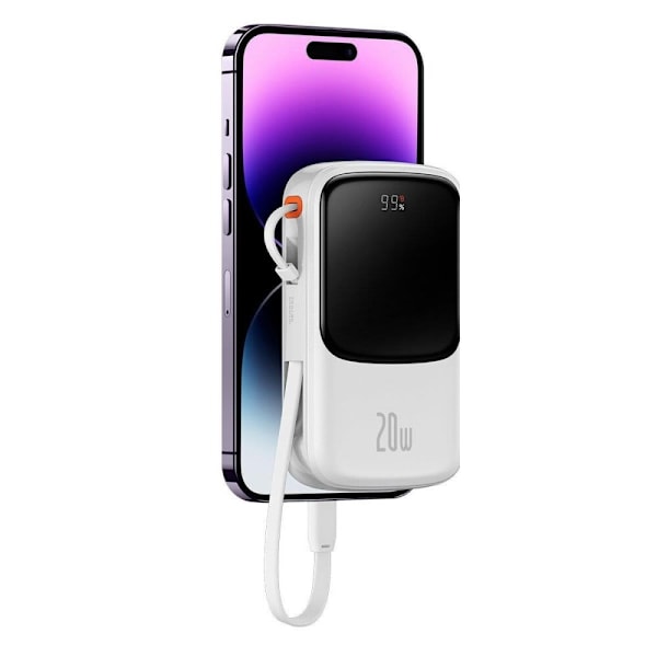 Baseus Qpow Digital Display strømbank med hurtiglading 10000mAh 20W QC/PD/SCP/FCP med innebygd Lightning-kabel hvit