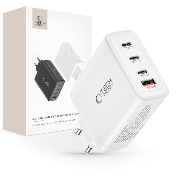 TECH-PROTECT NC100W-GAN 4-PORTERS NETTVERKSLADER PD100W/QC3.0 HVIT
