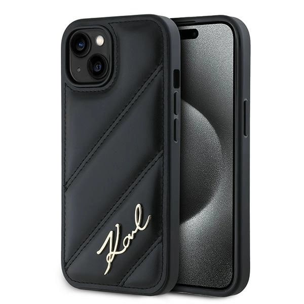 KARL LAGERFELD DIAGONAL QUILTED SCRIPT COVER TIL IPHONE 15 PLUS / 14 PLUS - SORT