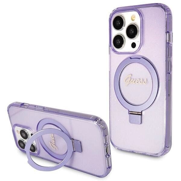 Guess Ring Stand Script Glitter MagSafe-deksel til iPhone 14 Pro - lilla