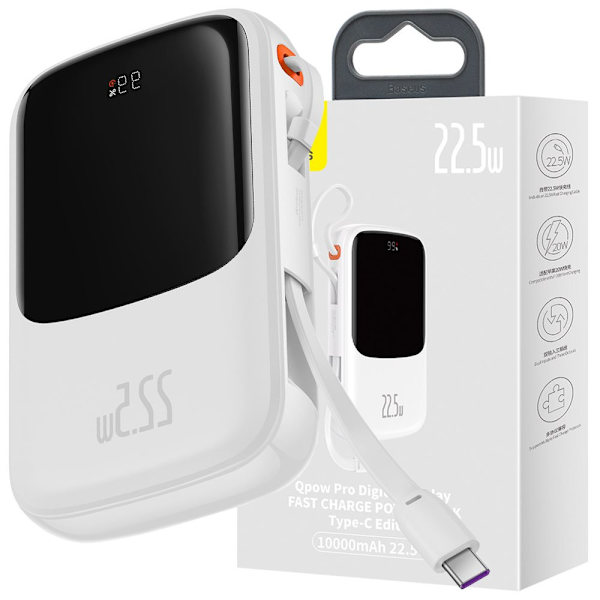 Baseus Qpow Powerbank 10000mAh Innebygd USB Type C-kabel 22,5W Hurtiglading SCP AFC FCP Hvit (PPQD020102)