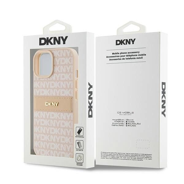 DKNY Leather Mono Stripe & Metal Logo Beskyttelsesveske for iPhone 15 Plus / 14 Plus - Rosa