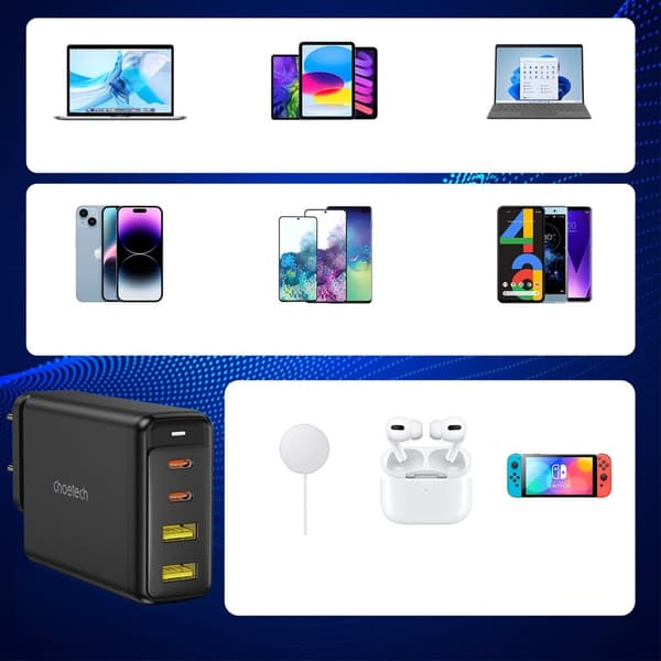 CHOETECH FAST NETVÆRK OPLADER GAN 140W 4 PORTE 2X USB C, 2X USB SORT