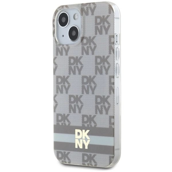 DKNY IML rutete monomønster og trykte striper MagSafe beskyttelsesdeksel iPhone 15 / 14 / 13 - beige